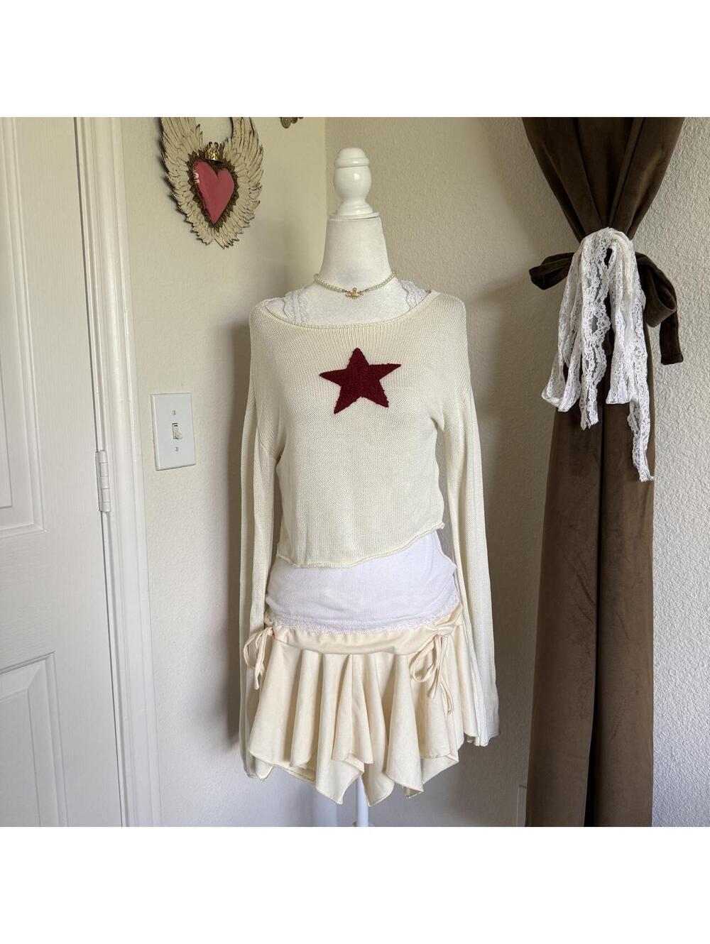 Y2K Star Detail Cropped Cotton Sweater Rolled Hem Women's L Beige Kawaii Grunge - Picture 1 of 5